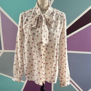 Vintage Floral Cream Blouse with Bow Tie